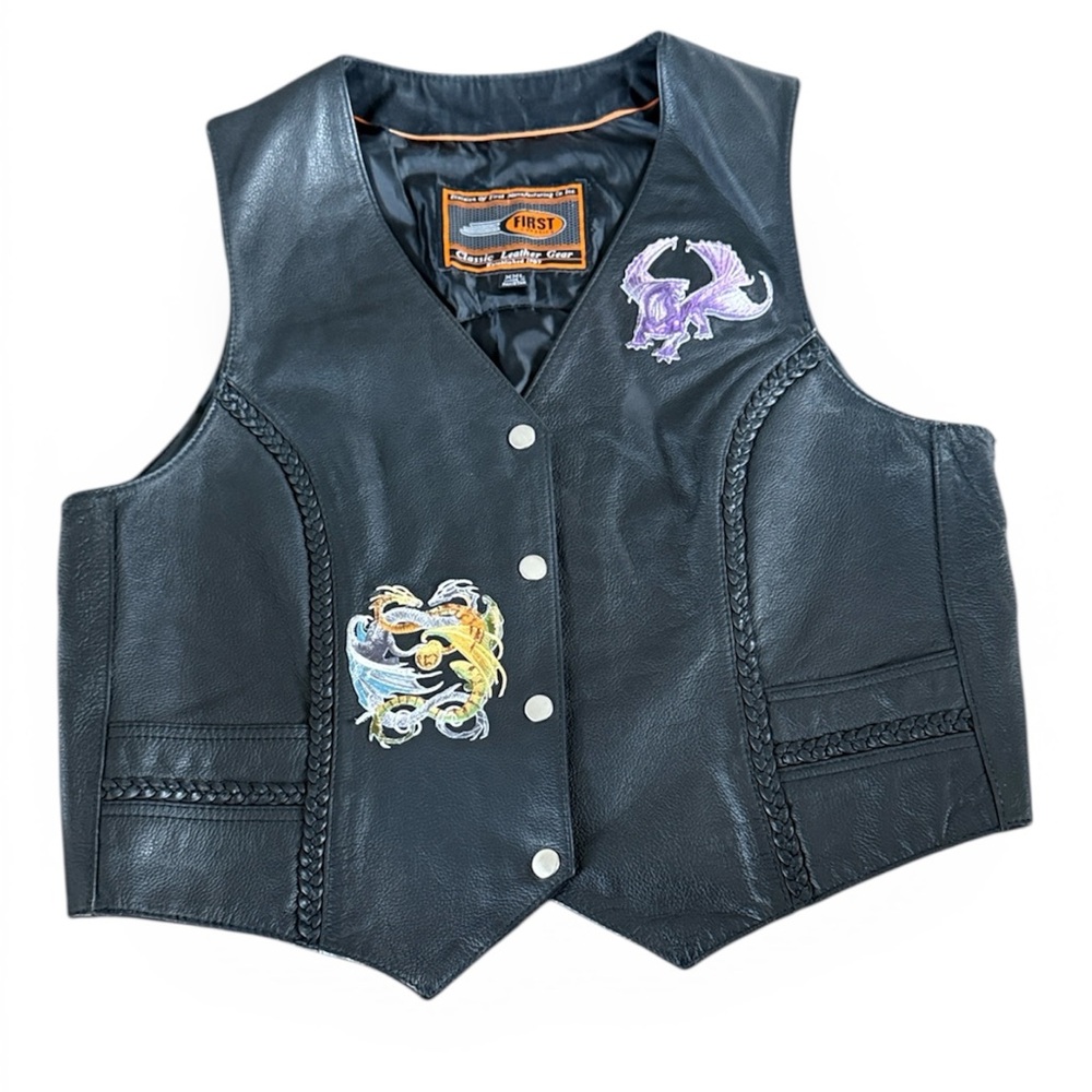 First Classics Leather Gear Women's XXL Black Snap Button Motorcycle Dragon Vest